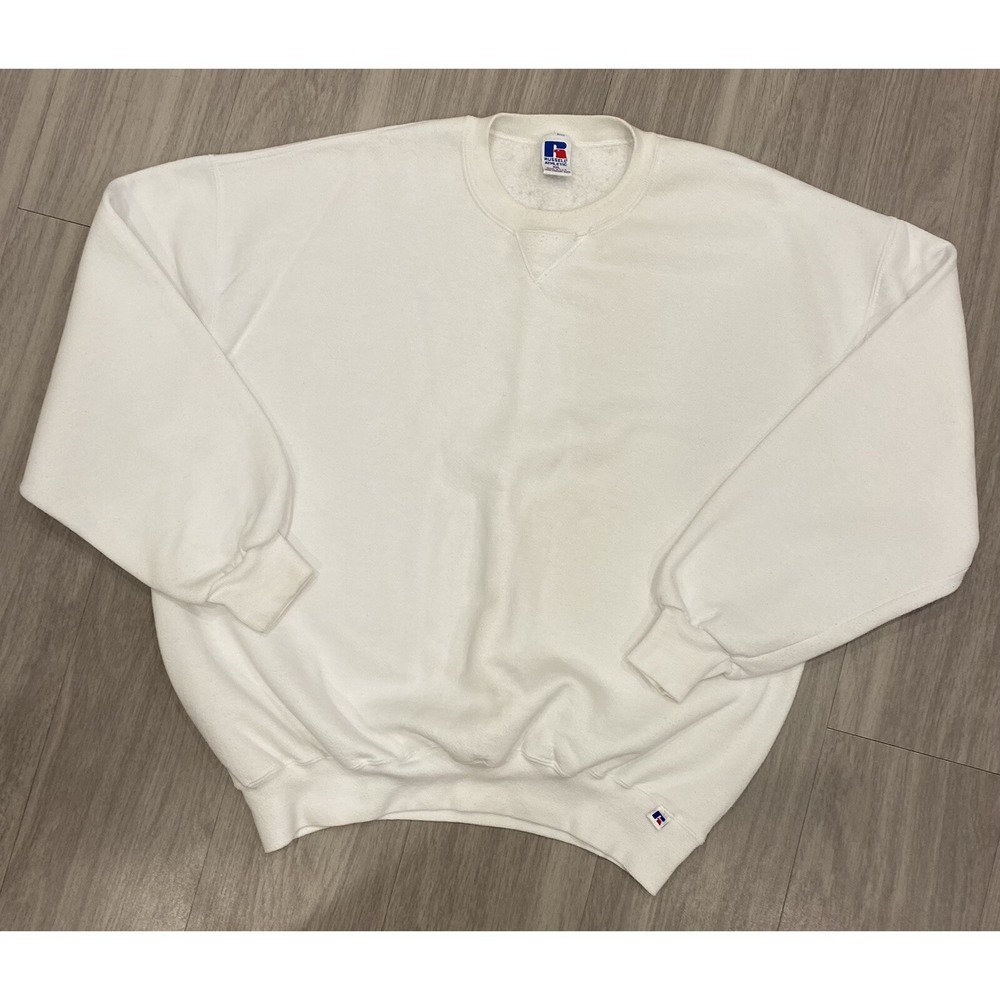 Vintage White Russell High Cotton Crewneck Sweatshirt Blank 2XL XXL Made In USA‎